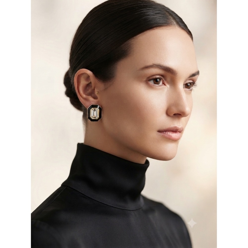 Trifari Vintage Black Enamel Emerald Cut Crystal Gold Tone Stud Earrings